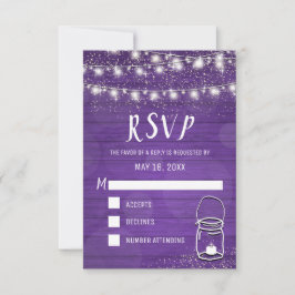 Rustic Mason Jar String Lights Violet Wedding RSVP Karte