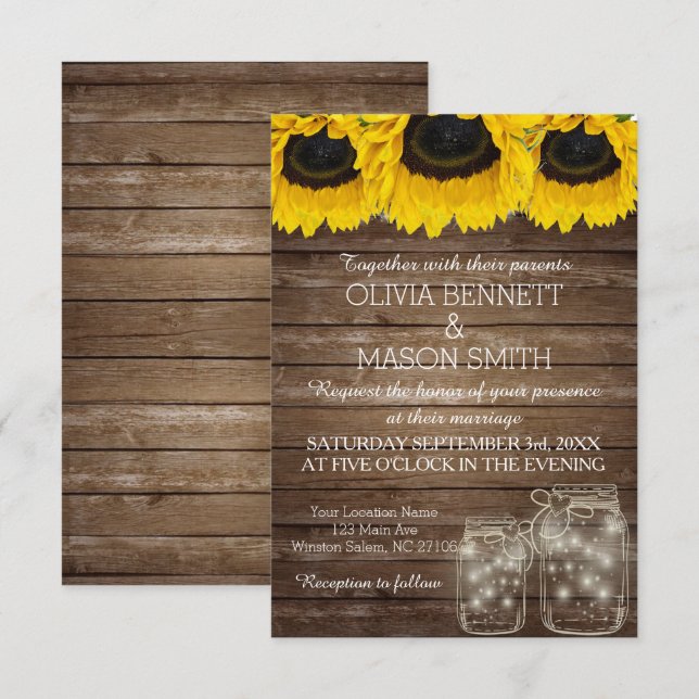Rustic Mason Jar Sunflower Wedding Card Einladung (Vorne/Hinten)