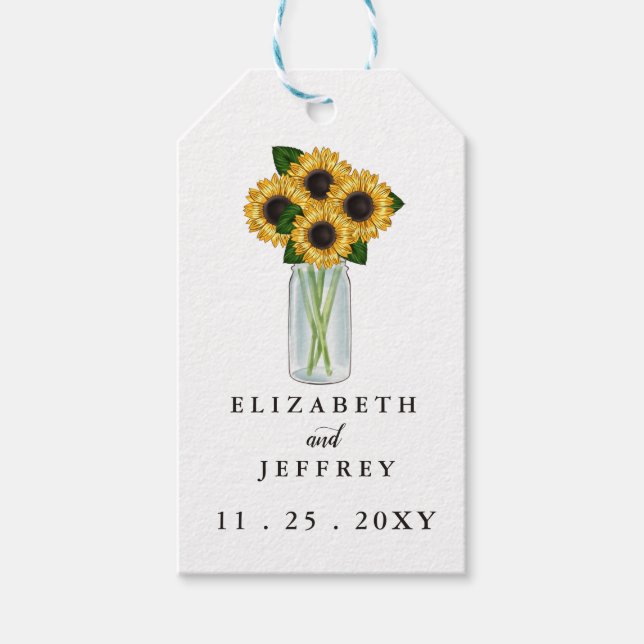 Rustic Mason Jar Sunflowers Wedding Geschenkanhänger (Vorderseite)