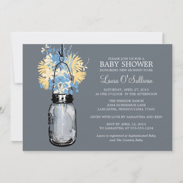 Rustic Mason Jar Wildblumen Babydusche Einladung (Vorderseite)