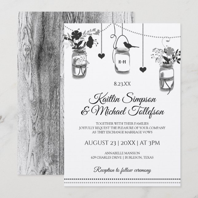 Rustic Mason Jar Wood Kraft Hochzeitseinladungen Einladung (Vorne/Hinten)