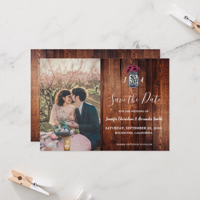 Rustic Mason jar wood monogram photo Save the Date Einladung (Vorderseite/Rückseite Beispiel)