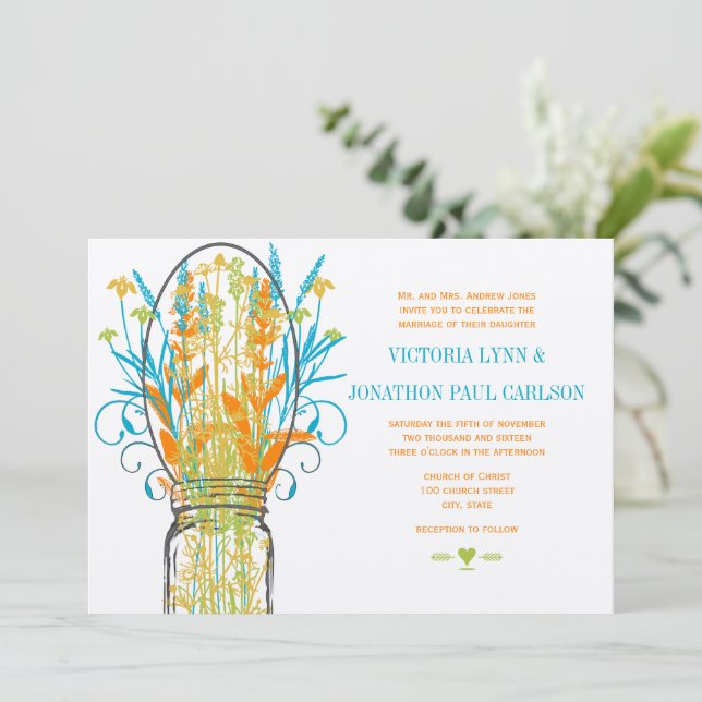 Rustic Mason Jar Yellow Orange Limon Aqua Wedding Einladung (Stehend Vorderseite)