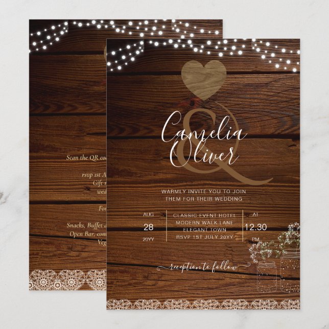 Rustic Mason Jars Lights Lace Gypsophilia WEDDING Einladung (Vorne/Hinten)