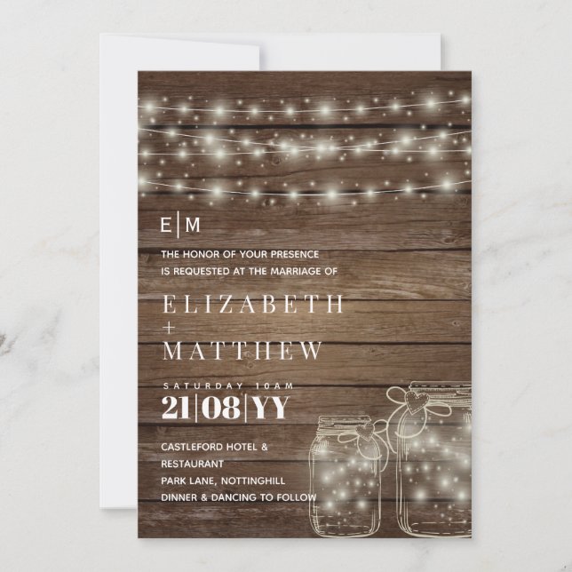 Rustic Mason Jars Lights Wood Wedding Einladungen (Vorderseite)