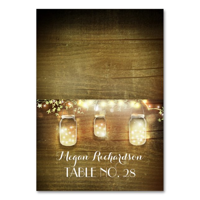 Rustic Mason Jars String Lights Wedding Escort Tischnummer (Vorderseite)