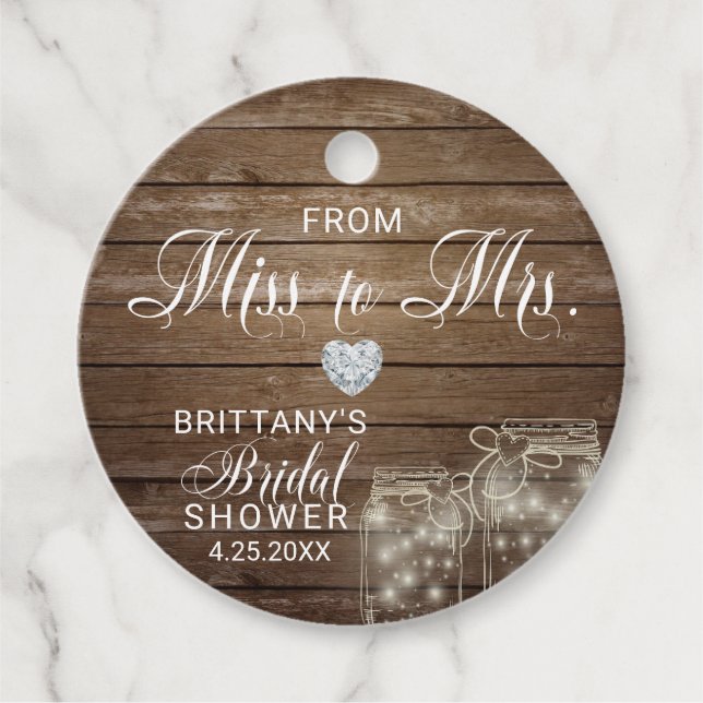 Rustic Mason Jars Wood Miss an Mrs. Brautparty Geschenkanhänger (Vorderseite)