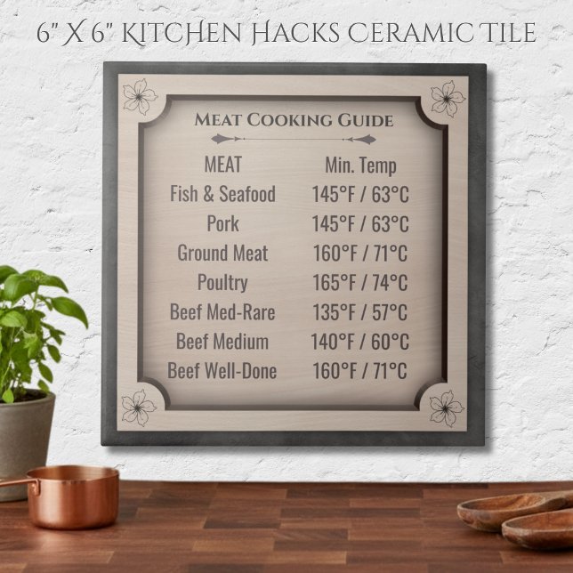 Rustic Meat Cooking Temperature Guide Ceramic Tile Fliese (The Meat Cooking Guide ceramic tile is a must-have gift for the home cook or grill master)