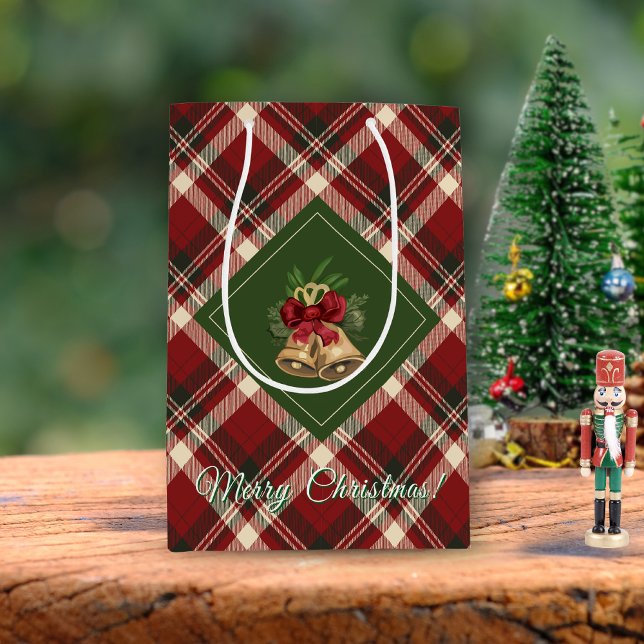 Rustic MerChristmas Bell Red Green Gingham Mittlere Geschenktüte (Von Creator hochgeladen)