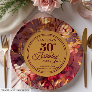 Rustic Merlot Schimmer Gold Blumen 50. Geburtstag Pappteller