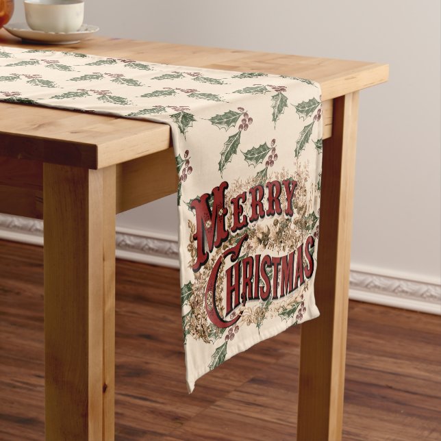 Rustic "Merry Christmas" with Holly Table Runner Großer Tischläufer (Beispiel)