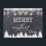 "Rustic Merry Everything Chalkboard Typografie Ankündigungspostkarte<br><div class="desc">Elegantes Design mit eleganter,  moderner Typografie "Merry Everything" auf einem Kalkboard-Hintergrund mit Schneeflocken und Bäumen. Verwenden Sie das Tool Anpassen,  um Ihre Informationen,  Nachrichten hinzuzufügen. Mehr Ideen in meiner Weihnachts-Foto-Sammlung.</div>