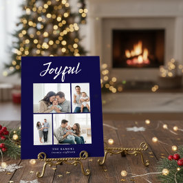 Rustic Merry Four Family Photo Collage Navy Blue Feiertagskarte