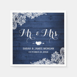 Rustic Midnight Blue Lace Mr. and Mrs Wedding Serviette