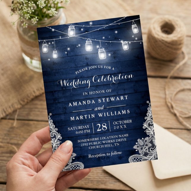Rustic Midnight Blue String Lights Lace Wedding Einladung (Von Creator hochgeladen)