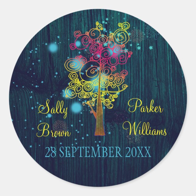 Rustic Midnight Blue Woodland Wedding Runder Aufkleber (Vorderseite)