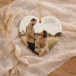 Rustic Modern Engagement Photo Heart Keepsake Keramik Ornament
