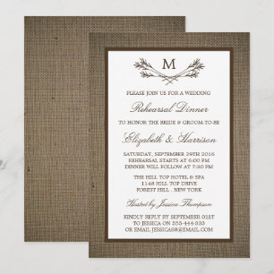 Rustic Monogram Branch Burlap Probe Dinner Einladung