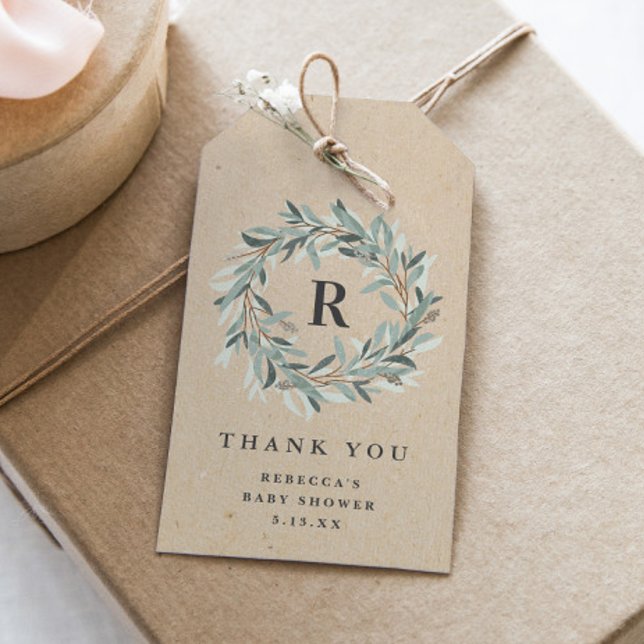 Rustic Monogram Greenery Wreath Baby Shower Geschenkanhänger (Von Creator hochgeladen)