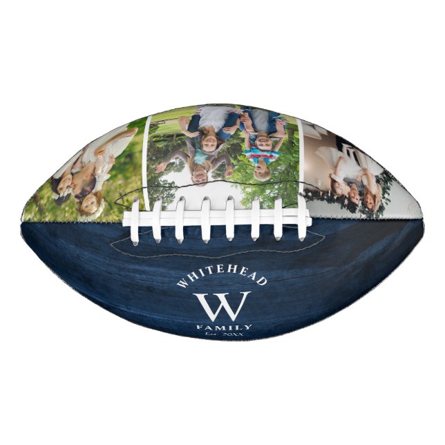 Rustic Monogram Navy Blue Wood Foto Collage Football (Vorderseite)