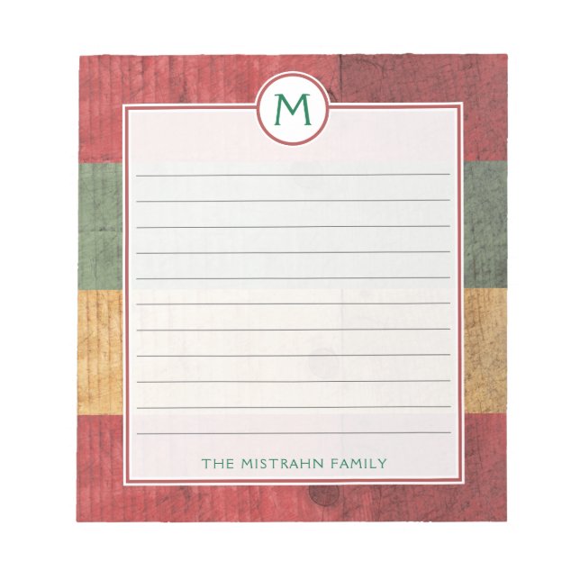 Rustic Monogram Red Green Gold Name Weihnachten Notizblock (Vorderseite)