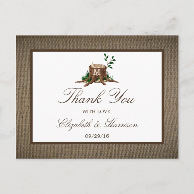 Rustic Monogram Tree & Burlap Wedding Vielen Dank Postkarte (Vorderseite)
