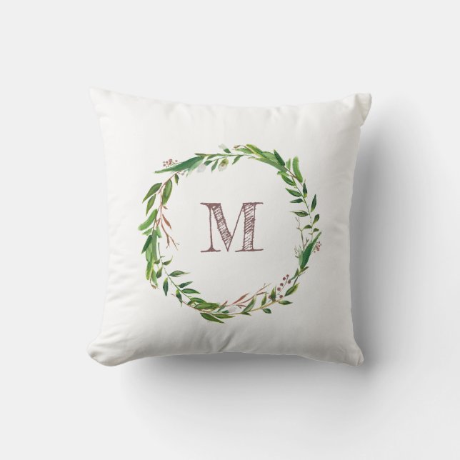 Rustic Monogram Watercolor Blätter Laurel Wreath Kissen (Vorderseite)
