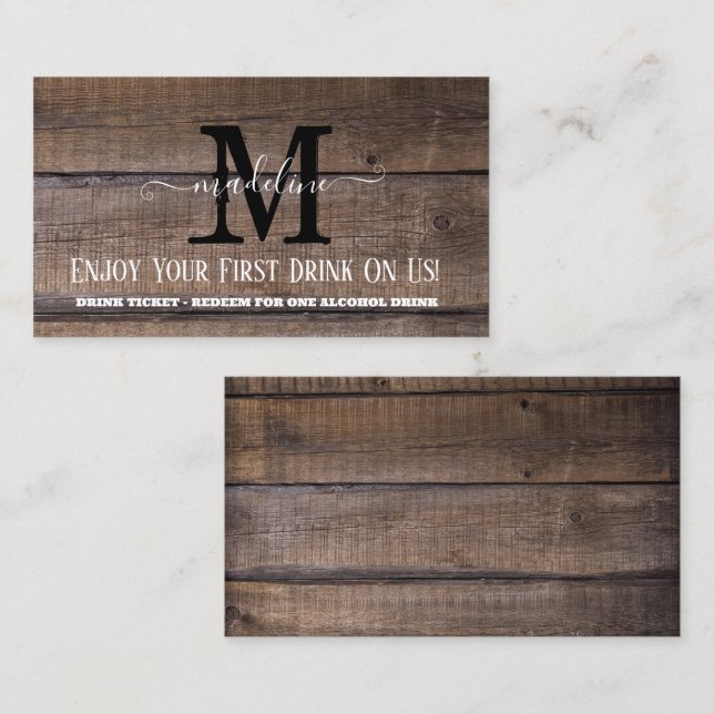 Rustic Monogram Wedk Drink Card Visitenkarte (Vorne/Hinten)