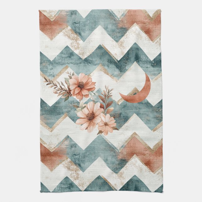 Rustic Moon Blumen Chevron Erdiges Muster (1) Geschirrtuch (Vertikal)