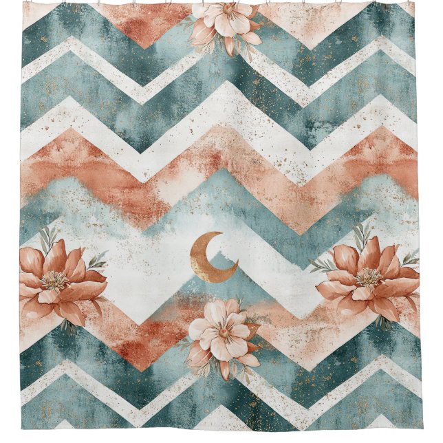 Rustic Moon Blumen-Chevron-Muster erdige (4) Duschvorhang (Vorderseite)
