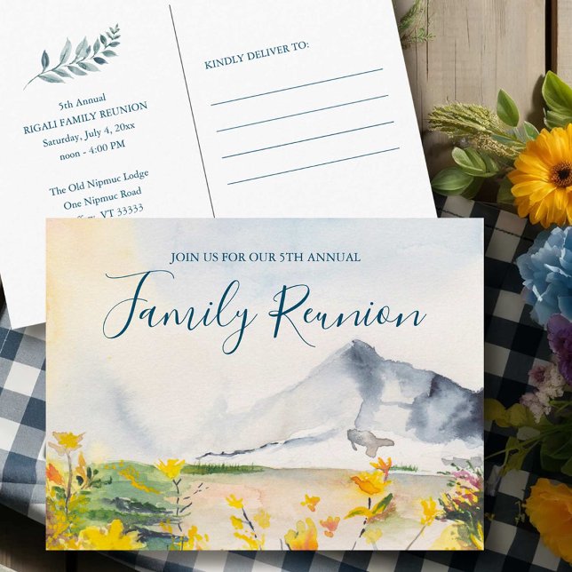 Rustic Mountain Family Wiedersehen Postcard Postkarte (Family reunion postcard invitations watercolor mountains by Victoria Grigaliunas VG Invites)
