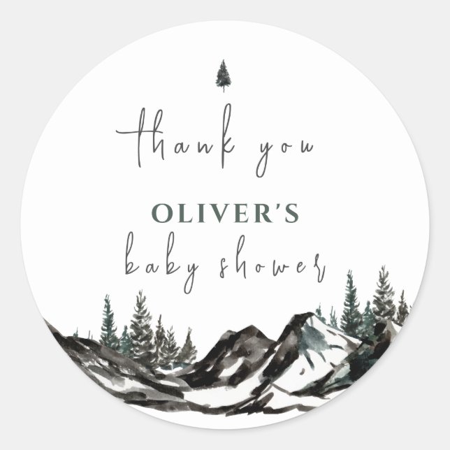 Rustic Mountain Forest Baby Dusche Vielen Dank Runder Aufkleber (Vorderseite)