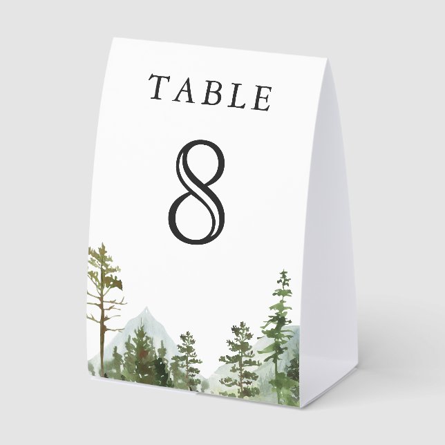 Rustic Mountain Forest Trees Wedding Table Number Tischaufsteller (Vorderseite)