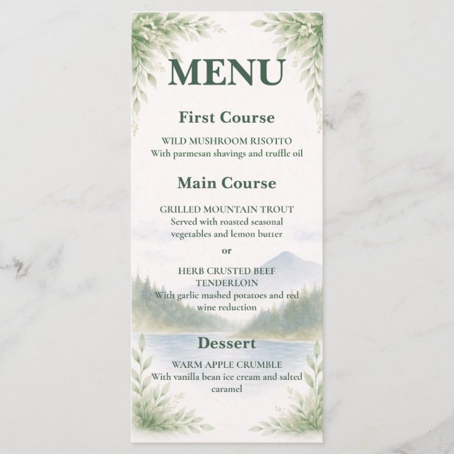 Rustic Mountain Forest Watercolor Wedding Menu Menükarte (Vorderseite)