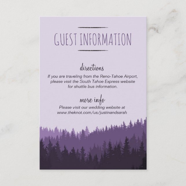 Rustic Mountain Guest Info Card in lila Begleitkarte (Vorderseite)