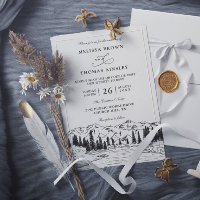 Rustic Mountain Lake Forest Budget QR Code Wedding Einladung (Von Creator hochgeladen)
