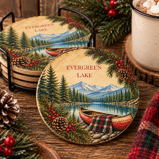 Rustic Mountain Lake Kanu Lodge Cabin Weihnachten Runder Pappuntersetzer