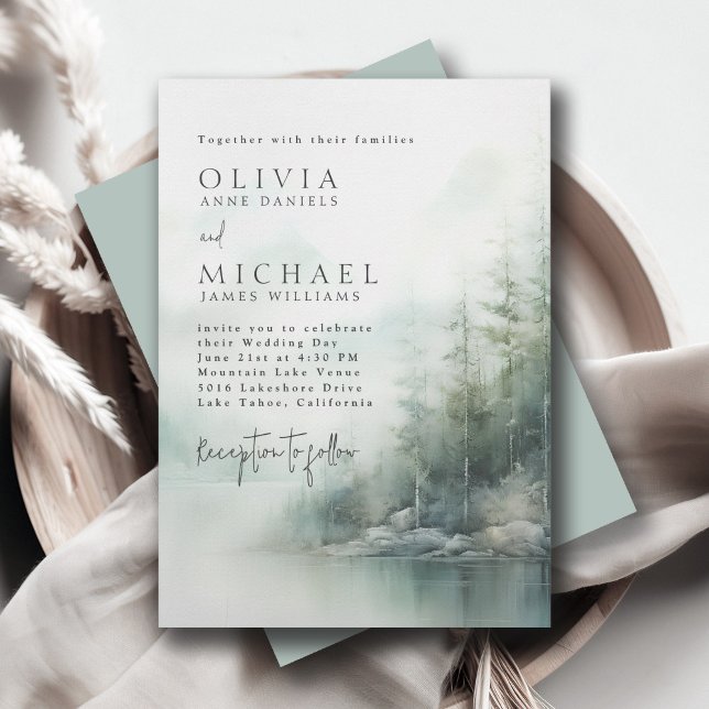 Rustic Mountain Lake Misty Pines Modern Wedding Einladung (Von Creator hochgeladen)