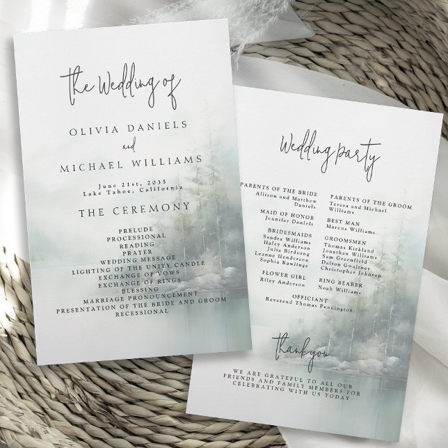 Rustic Mountain Lake Misty Pines Wedding Program Flyer (Von Creator hochgeladen)