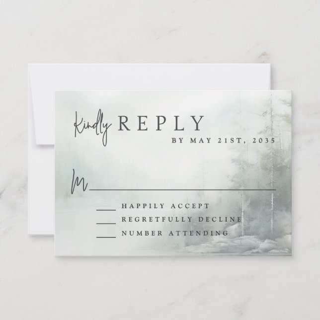 Rustic Mountain Lake Modern Wedding RSVP Karte (Vorderseite)