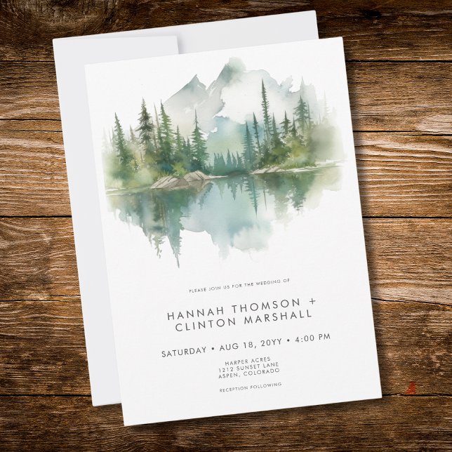 Rustic Mountain Lake Scene Watercolor Wedding Einladung (Rustic Mountain Lake Scene Watercolor Wedding Invitation)
