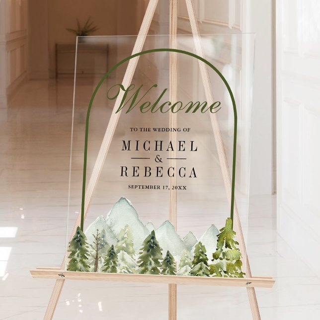 Rustic Mountain Pine Trees Wedding Welcome Acrylschild (Von Creator hochgeladen)
