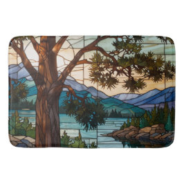 Rustic mountain range landscape stain glass  badematte