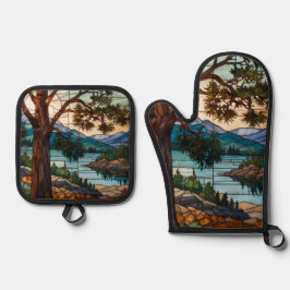 Rustic mountain range landscape stain glass  ofenhandschuh & Topflappen-Set