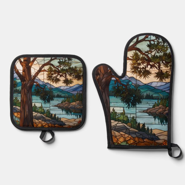 Rustic mountain range landscape stain glass  ofenhandschuh & Topflappen-Set (Vorderseite)