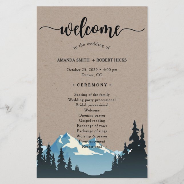 Rustic Mountain Woodland Forest Wedding Programme (Devant)