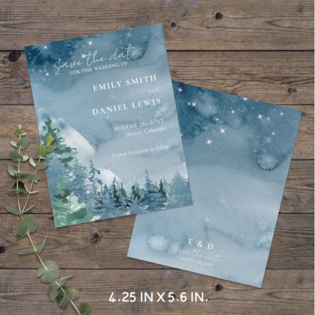 Rustic Mountains Blue Budget Enregistrer la carte  (Dark Theme Budget-Friendly Rustic Mountain Wedding Save the Date (4.25 x 5.6 in))
