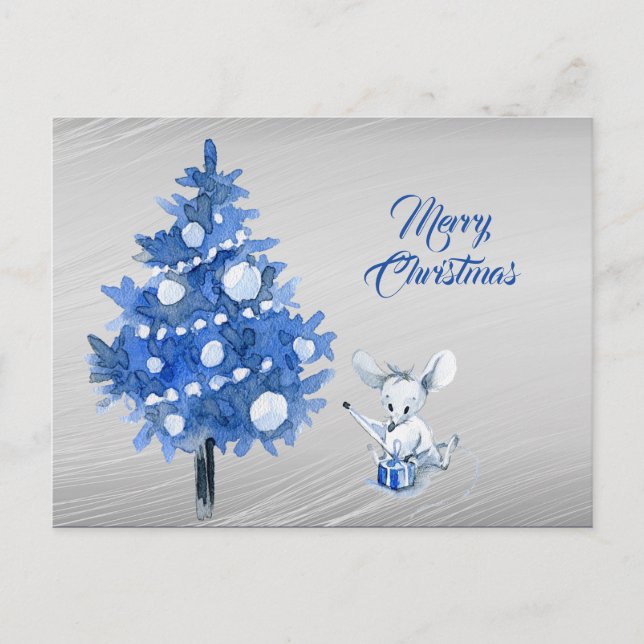 Rustic Mouse Package Blue Tree Weihnachten Postkarte (Vorderseite)