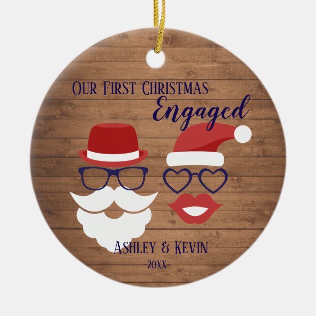 Rustic Mustache Lips lustige 1. Verlobte Weihnacht Keramik Ornament (Vorne)