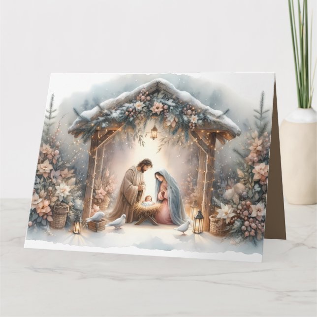 Rustic Nativity Scene with Winter Florals Karte (Vorderseite)